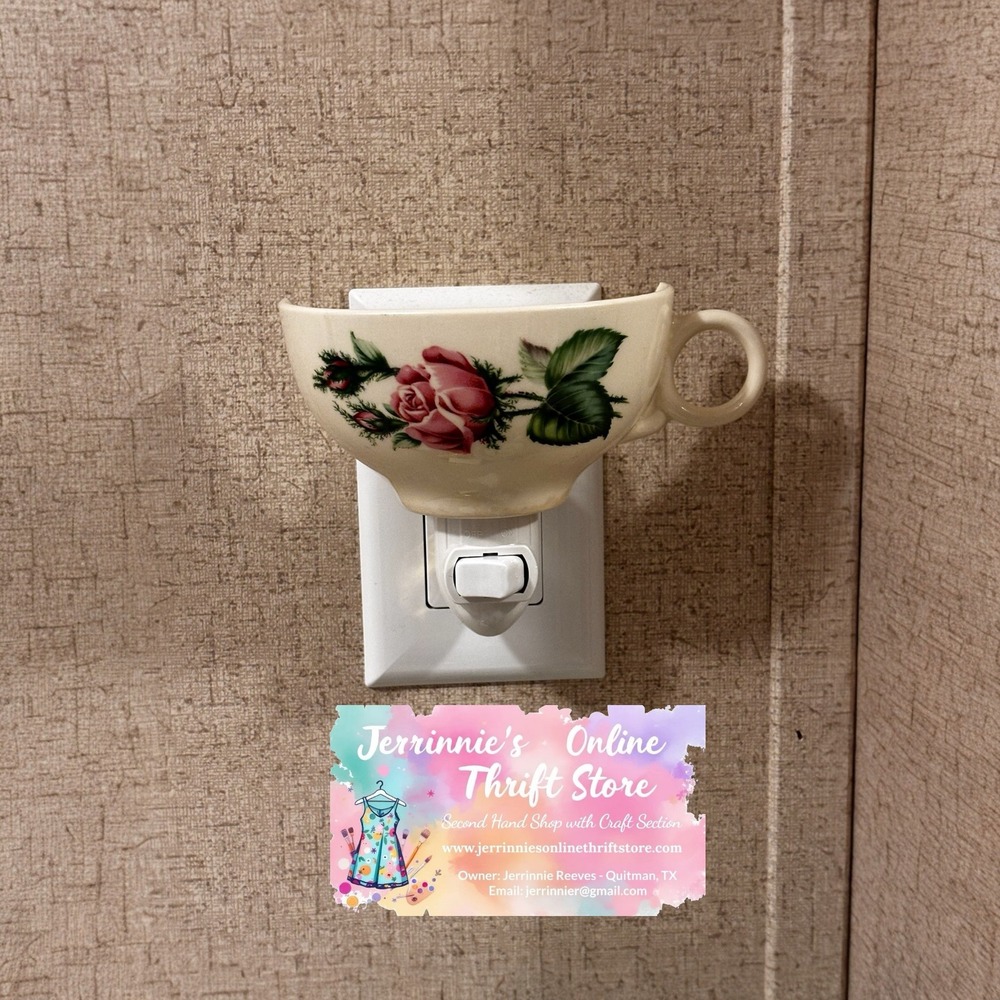 Vintage Floral Teacup Night Light Pink Rose Ceramic Shabby Chic Plug In Lamp
